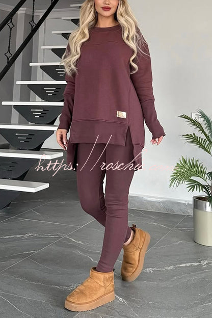Color Crew Neck Long Sleeve Top and Stretch Pants Set