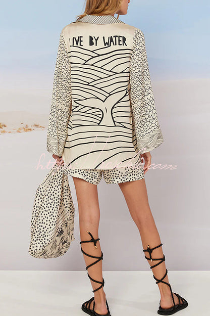 Live by Water Satin Unique Letter Print Tassle Shirt and Elastic Waist Shorts Set