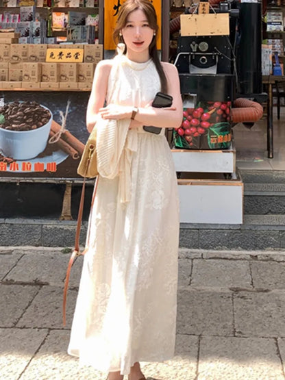Sleeveless Midi Dresses for Summer New Embroidery A-line Korean Vestidos Mujer