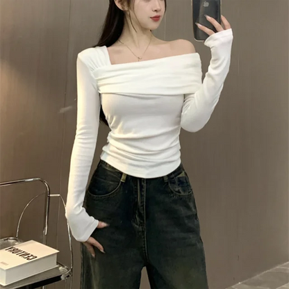 Off Shoulder T-shirts Long Sleeve Shirts Cropped Tops Clubwear Skew Collar Warm Pullovers