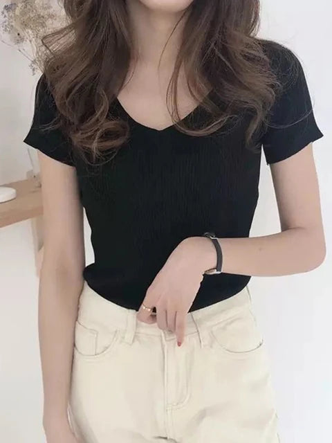 Tee Tops for V-neck Short Sleeve T-shirt Woman Slim Color T Shirts
