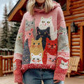 Comstylish Women's Colorful Cats Pattern Cozy Knit Hooded Sweater