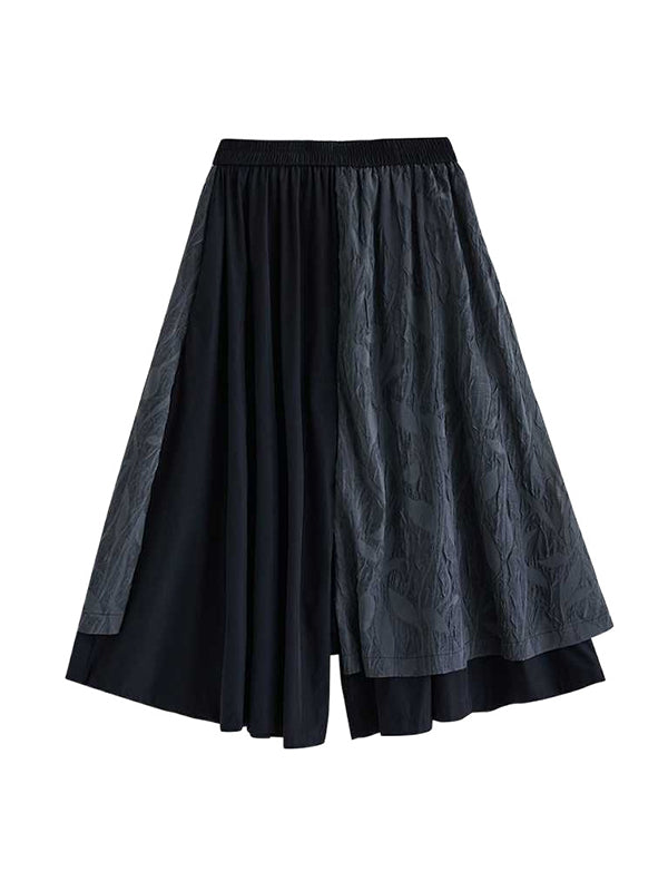 Black Loose High Waisted Pockets Patchwork Jacquard Texture Wide Leg Pants Culotte Ws002