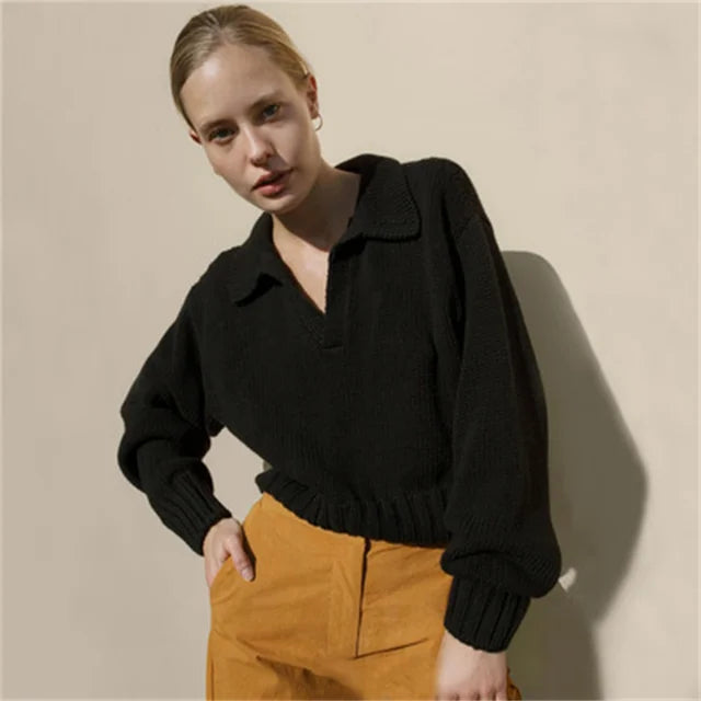 ’s Long Sleeves V-neck Knitted Sweater Loose Pullover Autumn Winter Sweatshirts Female Jumper
