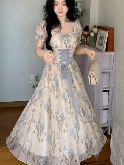 Y2k Midi Dress Kawaii Lolita Lace-up Square Collar High Waist Princess Evening Party Dresses Prom Robe Vestido New