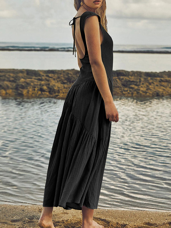 Loose Sleeveless Backless Elasticity Lace-up Pleated Color Split-joint Square-neck Maxi Dresses