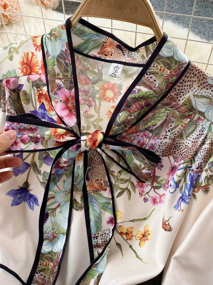 Long Dress Slim Printed Party Dresses Tie Bow Elastic Waist Lantern Long Sleeve Long Robe Vestidos