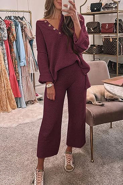 Heather Hailey Color Button V Neck Top and Pant Two Piece Set