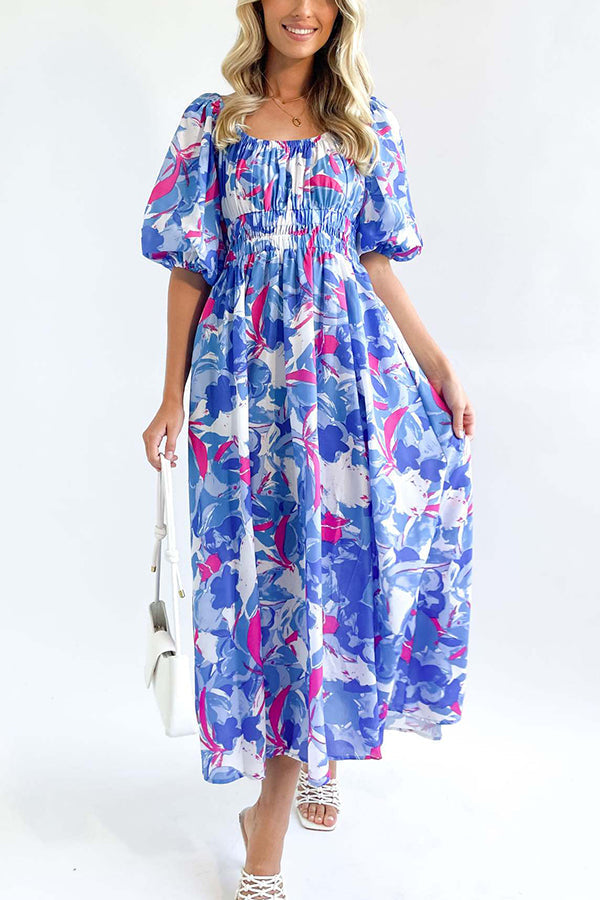 Square Neck Printed Puff Sleeve Long Dress