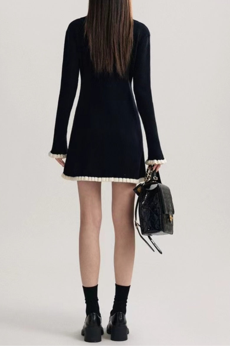 Black Contrast V-neck Sweater Dress