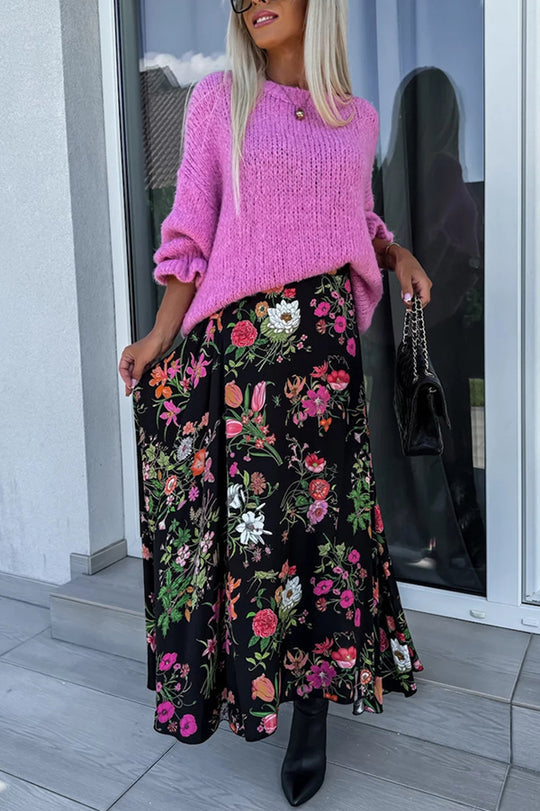 Color Round Neck Ruffled Long Sleeve Knitted Sweater
