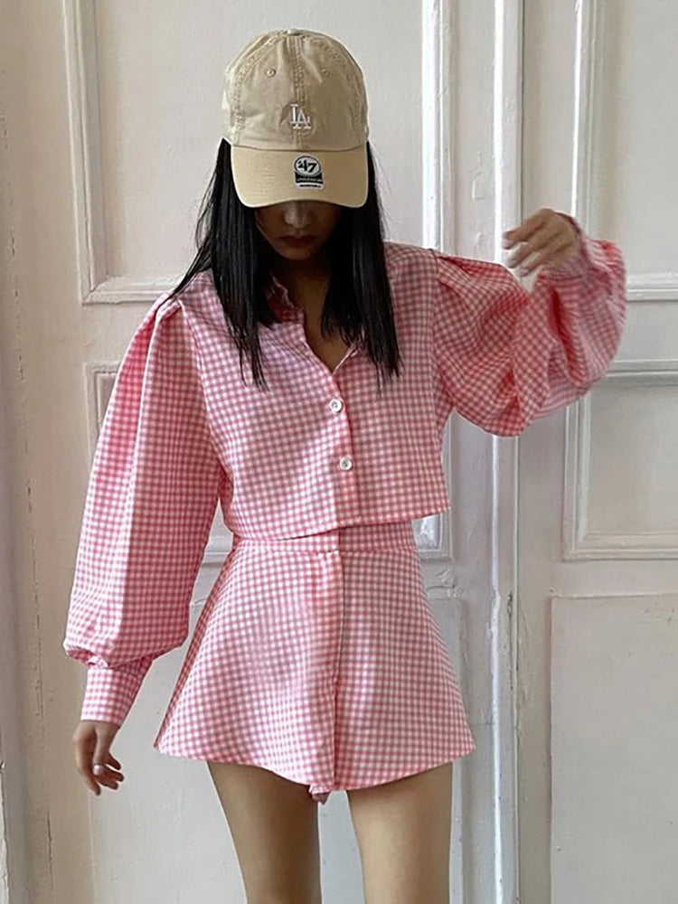 Ol Outfits Two Piece Set Plaid Long Sleeve Shirts High Wasit Wide Legs Shorts Korte Suits Outfits 2 Piece