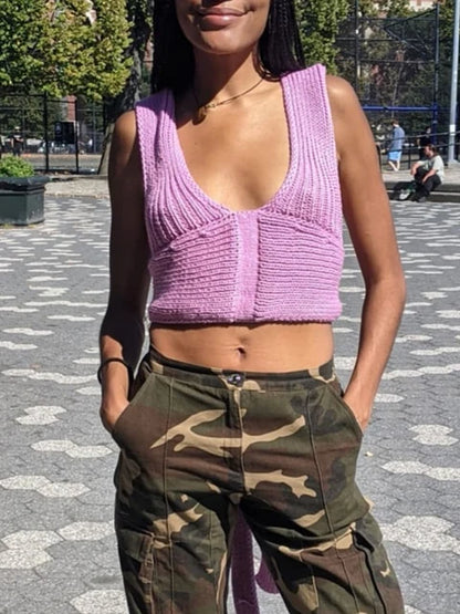 New Diy Style Knitted Tank Top Sweater Female High Waist Camisole Backless Bandage Tops
