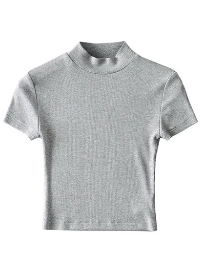 High Neck Fitted Short Sleeve T-shirt Rib Crop Rib Top
