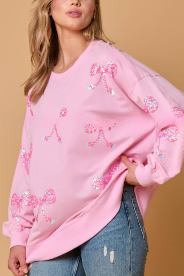 Bowknot Sequined Loose Long Sleeve Sweatshirt