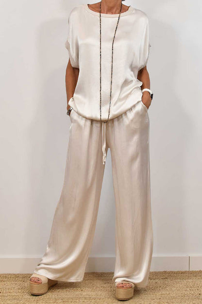 Satin Color Loose Short-sleeved Top and Elastic Waist Lace-up Pocket Wide-leg Pants Set