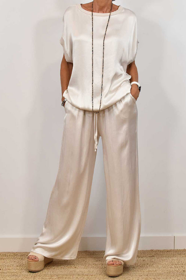 Satin Color Loose Short-sleeved Top and Elastic Waist Lace-up Pocket Wide-leg Pants Set