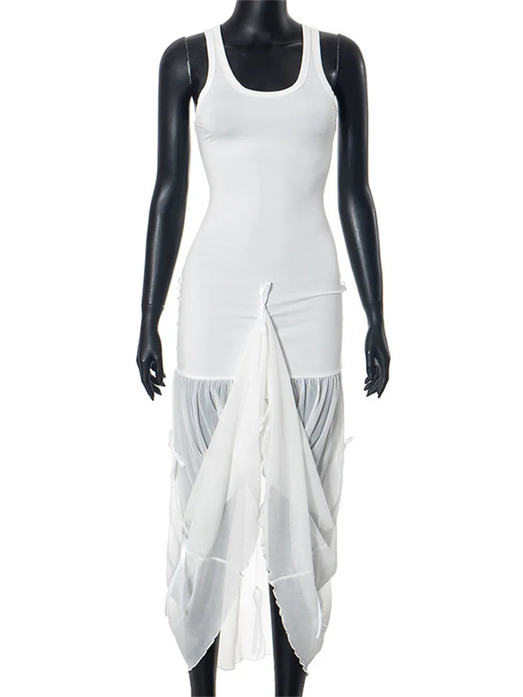 Tee Bow Mesh Patchwork Long Dress ’s Bandage See-through Beach Holiday Party Dress Slim Maxi Dress Summer New
