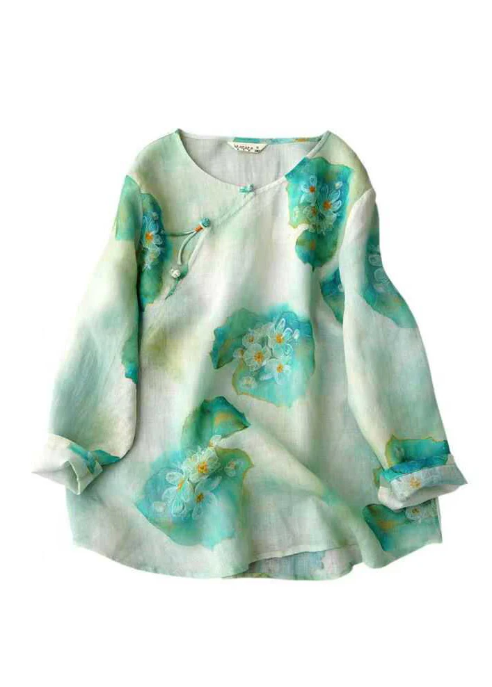 Grace Pink O Neck Print Chinese Button Linen Blouse Top Fall Qb031
