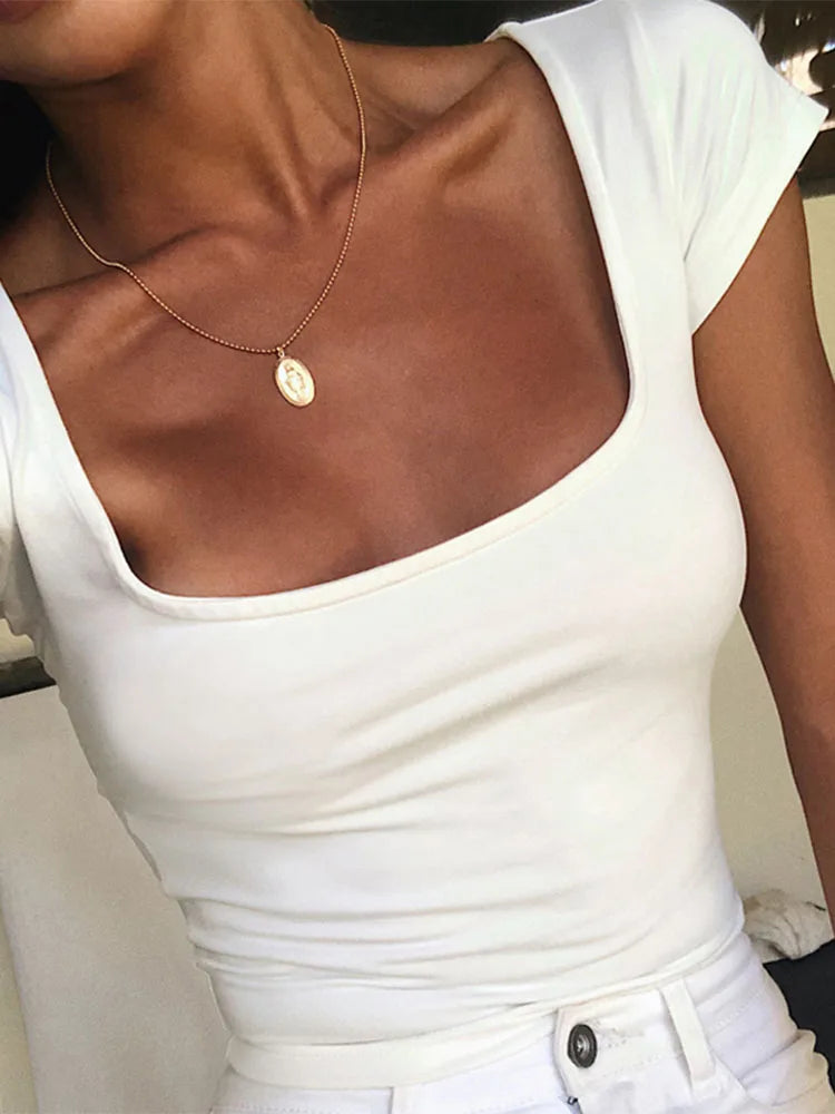 Petite Cap Sleeve Square Neck Crop T-shirt
