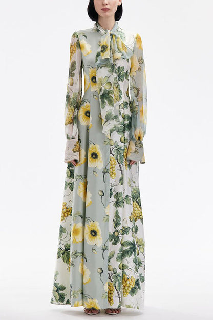 Print Tie Neck Balloon Sleeves Maxi Dress