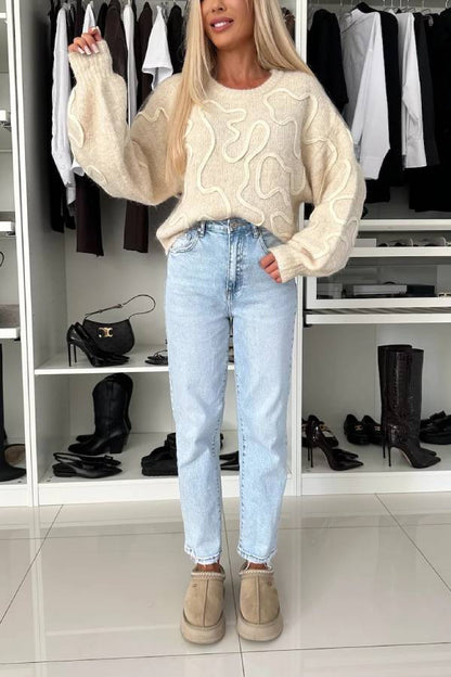 Mood Knit Contrast Color Sewing Line Pattern Loose Sweater