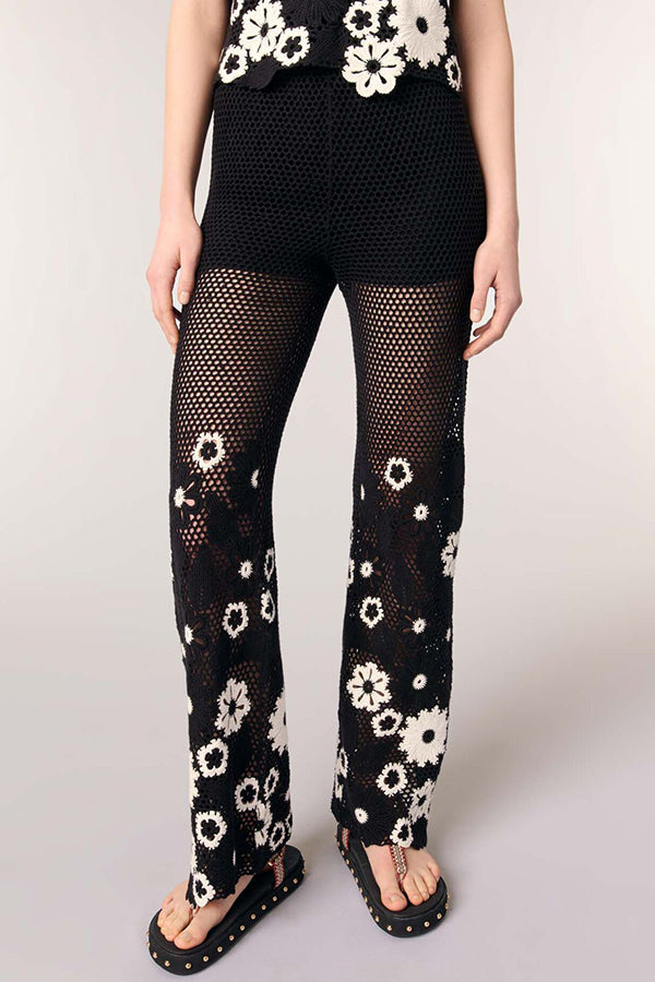 Embroidered Hollow Hook Elastic Waist Wide-leg Pants