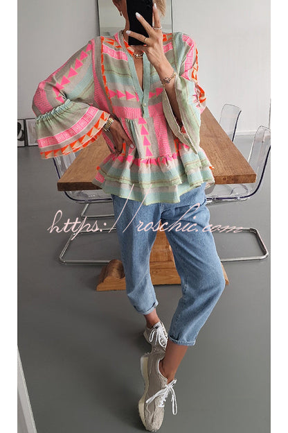 Phylis Linen Blend Colorful Print Bell Sleeve Babydoll Blouse