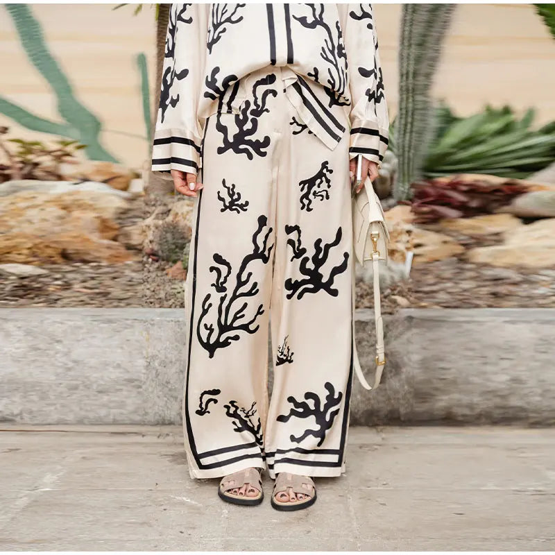 From Desk to Dinner Satin Unique Print Button Down Oversized Blouse