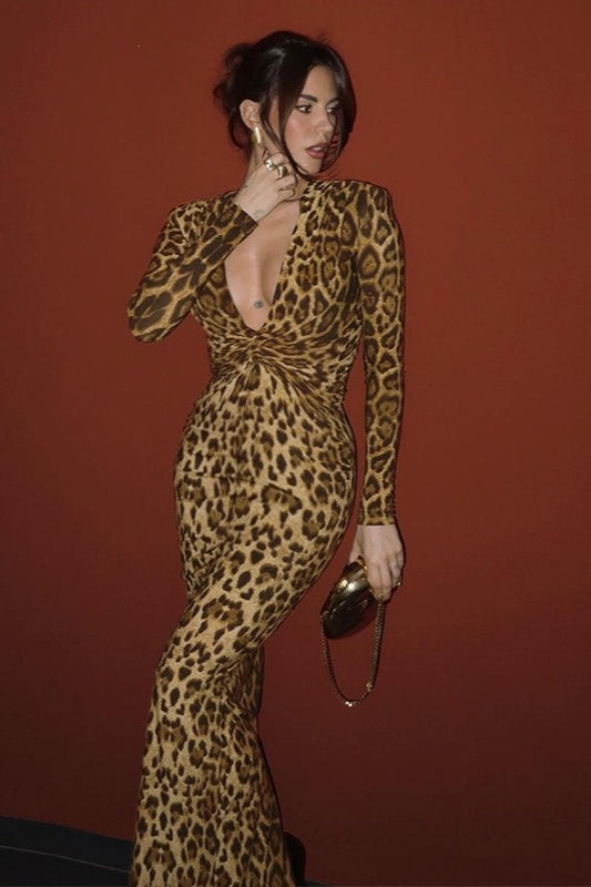 Leopard Print Knot Long Sleeve Maxi Dress