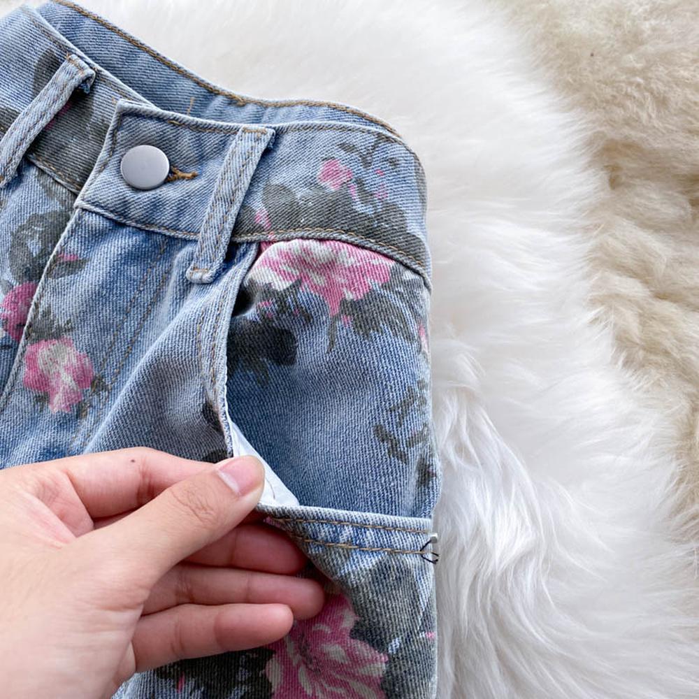 Blue Rose Print Wide Leg Denim Pants Ar1016