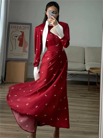 Satin Printed Long Dress ’s High Waist Patchwork Commute Slim Autumn Contrast Dress Female Maxi Dress