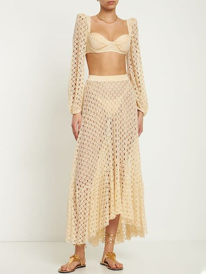 Natural Cutout Stretch-jersey and Crochet-knit Maxi Swimsuit and Skirt