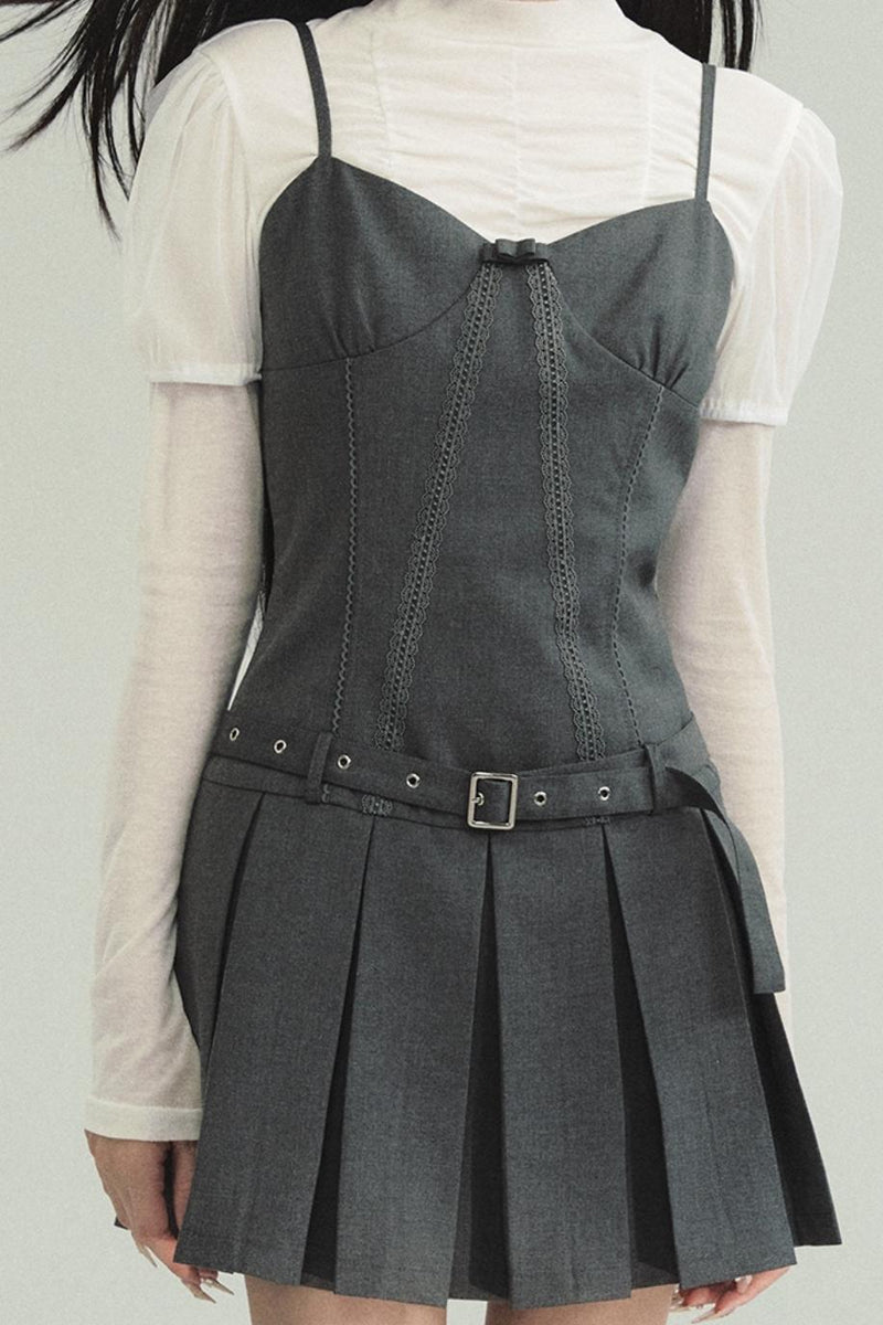 Professional Grey Blazer and Pleated Mini Dress Set