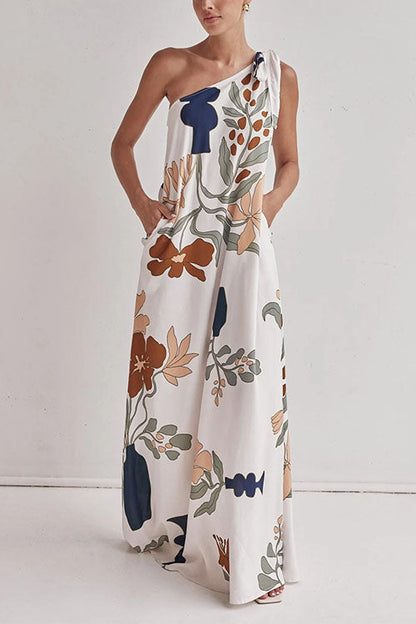 Tie Knot One Shoulder Print Maxi Dress
