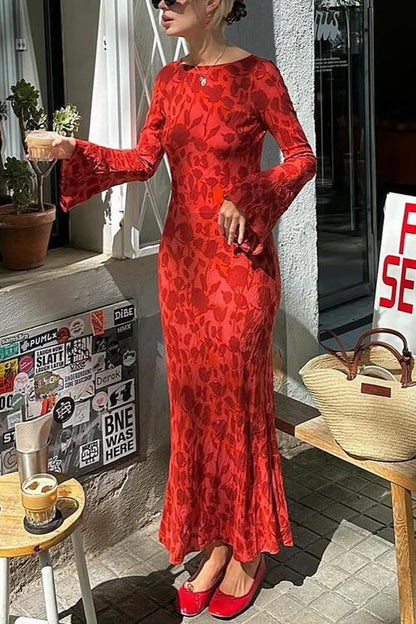 Bell Long Sleeves Print Maxi Dress