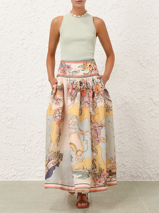 Nautical Map Print Midi Skirt