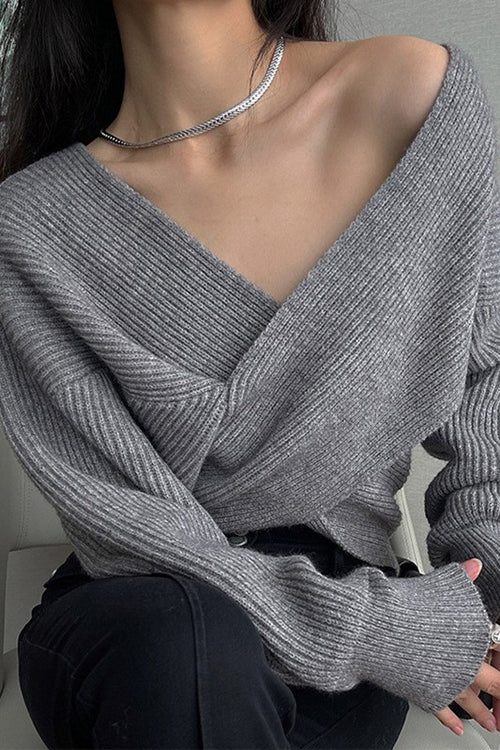 V Neck Criss Cross Front Ribbed Knit Sweater