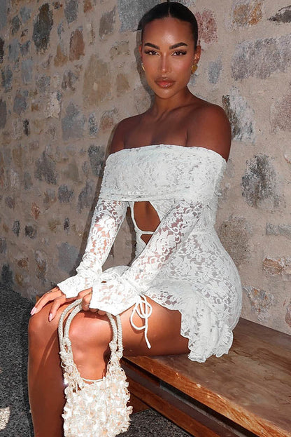 Ruffled Jacquard Off-shoulder Mini Dress