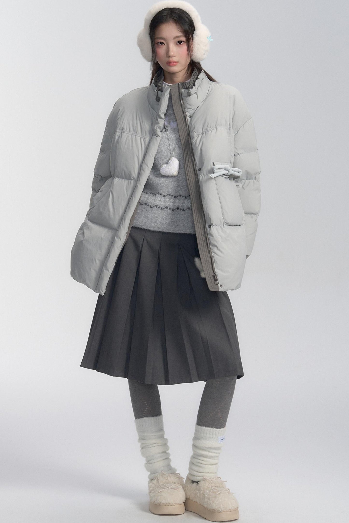 Grey Patterned Layered Knit Blouse Set-up