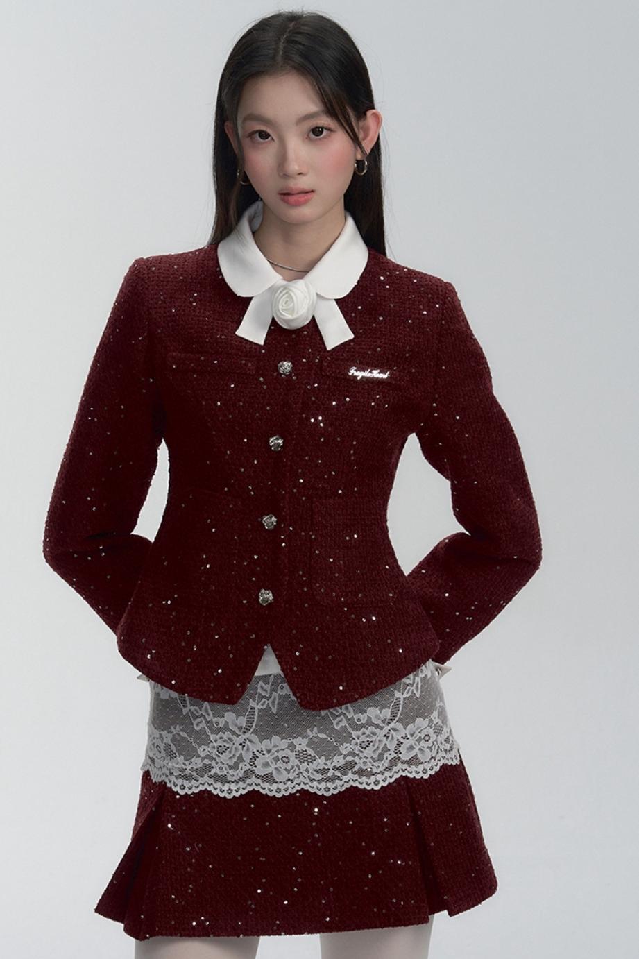 Lace-trimmed Velvet Blouse and Skirt Set-up