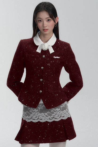 Lace-trimmed Velvet Blouse and Skirt Set-up