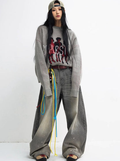 Grey Figure Print Knit Sweater