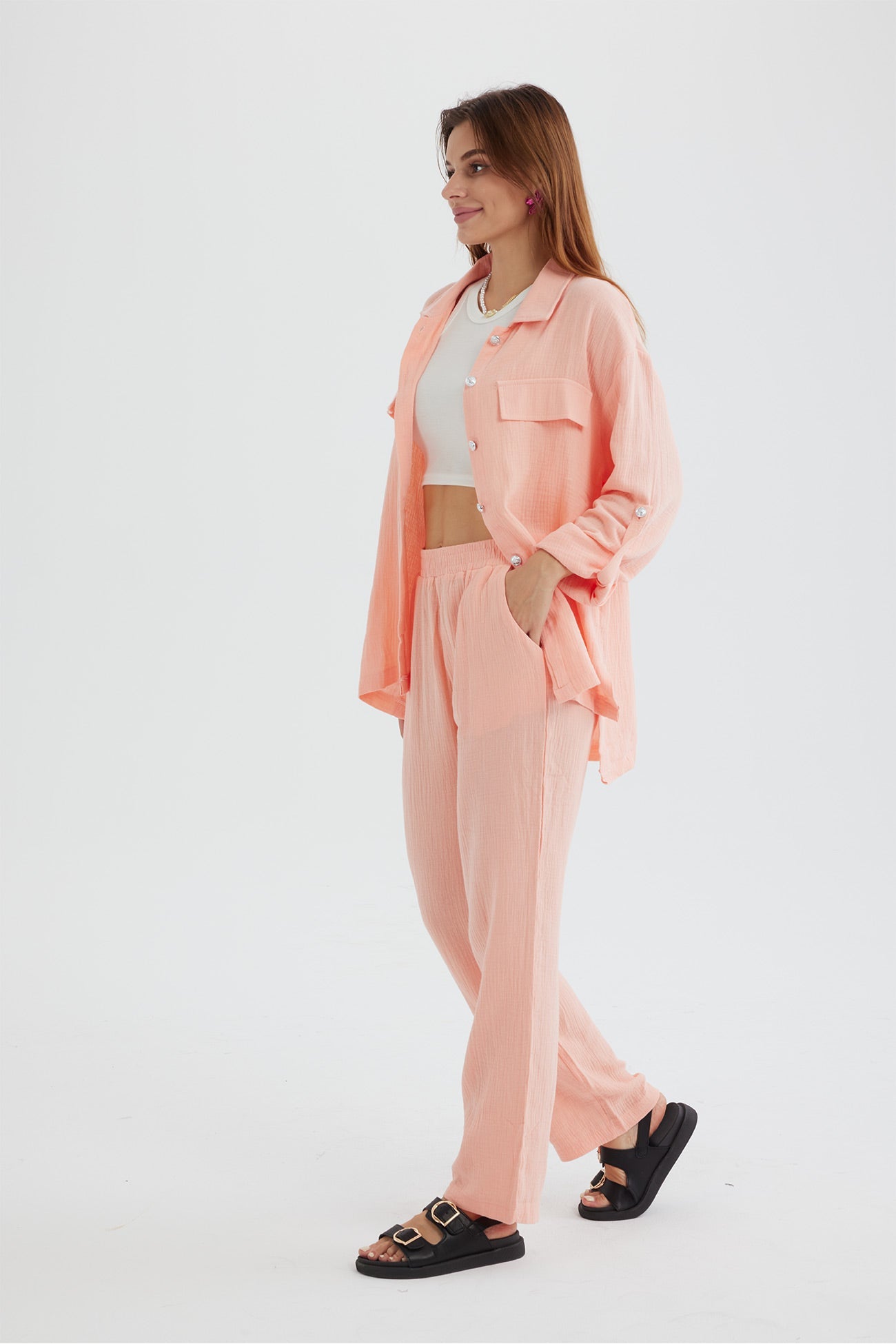 Long Sleeve Pocketed Slit Shirt Long Pants Suits
