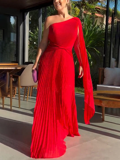 Flowing Pleated Off-the-shoulder Maxi Dress