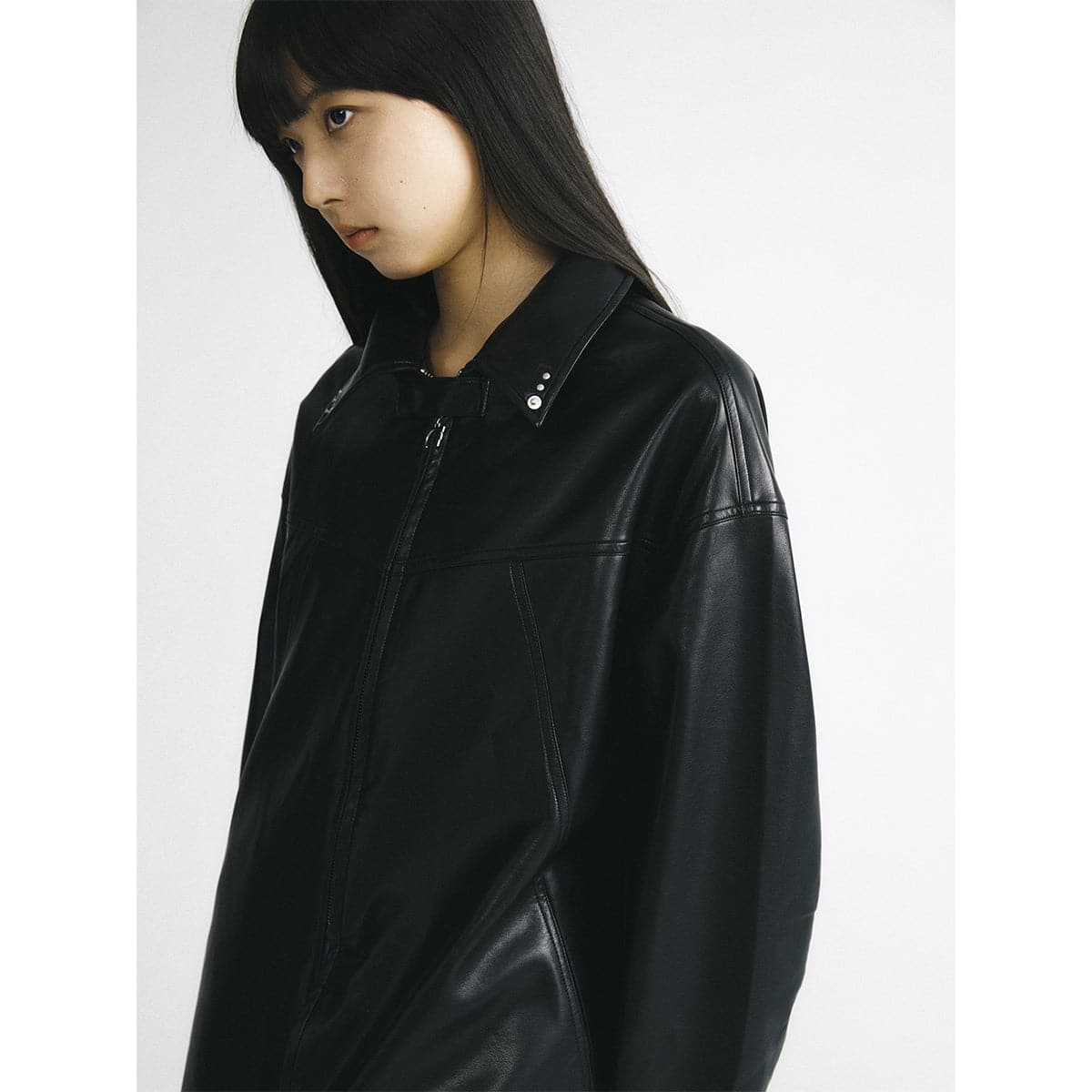 Black Leather Hooded Coat With Oversized Zipper