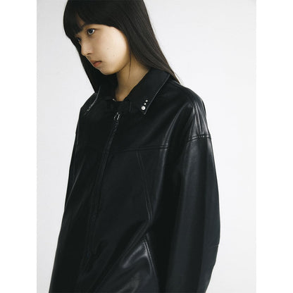 Black Leather Hooded Coat With Oversized Zipper