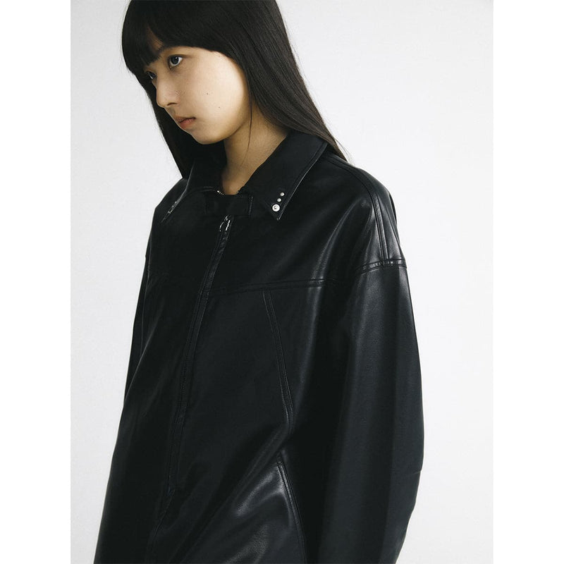 Black Leather Hooded Coat With Oversized Zipper