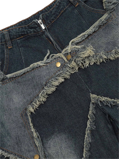 Star Patch Denim Shorts With Fringe