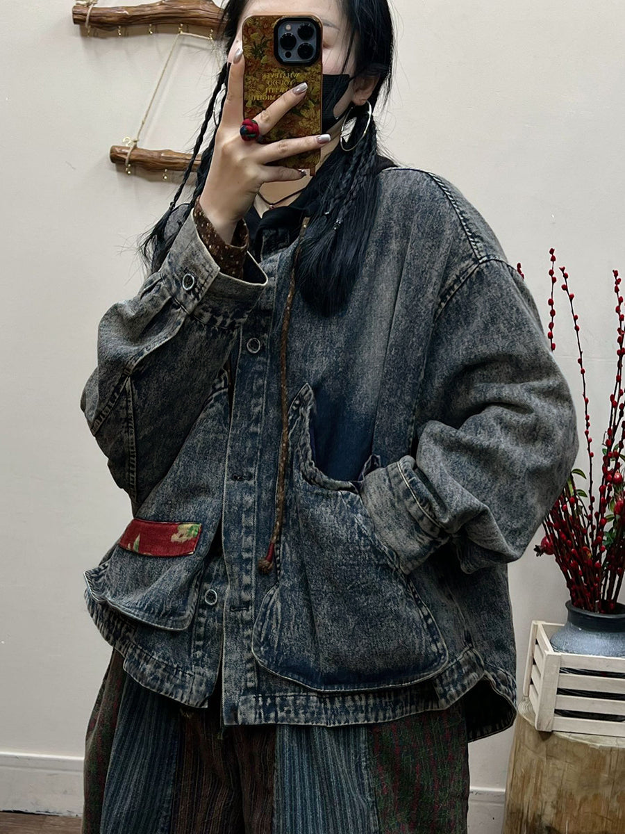Spring Retro Irregular Patch Pocket Denim Coat At1031